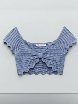 Zara Blue Scalloped Crochet Knit Bow Crop Top thumbnail 6