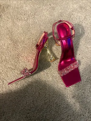 SheIn Women's Metallic Fuchsia Ankle-Strap Heels with Crystal Toe Strap 11 thumbnail 4