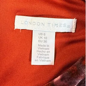 London Times Size 6 Rust Floral Velvet Asymmetric Neck Long Sleeve Flounce Dress thumbnail 6