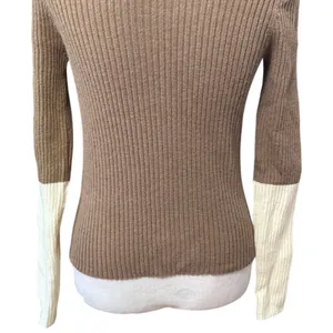 Long Sleeve Sweater Color Block Contrast Quarter Zip Drop Shoulder Beige Brown M thumbnail 6