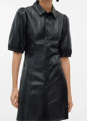Lime Faux Leather Mini Dress Black Minimalist A Line Puff Sleeve Collared XS thumbnail 1