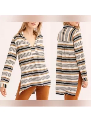 Free People Beach Breaker Tunic Stripe Ivory Black XS thumbnail 3