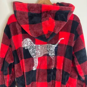 PINK Victoria's Secret Women's Buffalo Plaid Hooded Sequin plush Robe y2k XS/S thumbnail 8