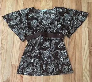 y2k Maurices Babydoll Top Womens Medium Brown White Paisley Print Boho Prairie thumbnail 1