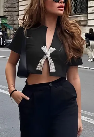 Rhinestone Bow Decorated Cropped Top Size L thumbnail 1