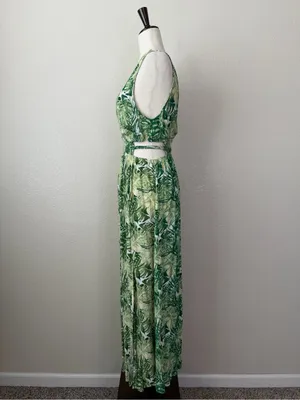 Justify Double V-neck Green Tropical Smocked Cut Out Waist Maxi Dress, Sz Large thumbnail 4