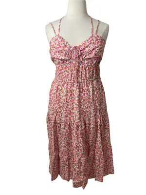 Feminine Time and Tru Pink Floral Spaghetti-Strap Cross Back Midi Tier Sundress thumbnail 3