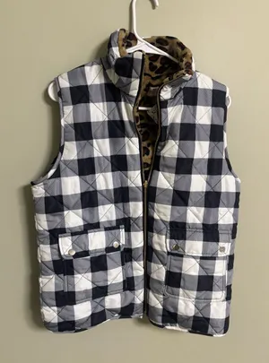 Reversible Vest Size Large Leopard Print Buffalo Plaid Black White New Full Zip thumbnail 1