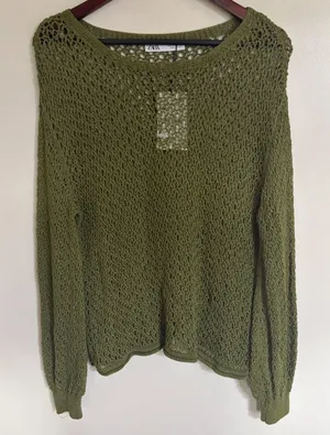 Zara Women Olive Green Open Knit Sweater Metallic Crochet Crew Neck 3859/005 M thumbnail 1