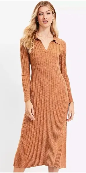LOFT Brown Ribbed Polo Midi Sweater Dress - Size Large thumbnail 1