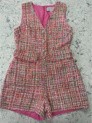 Adelyn Rae Pink Tweed V-Neck Sleeveless Romper thumbnail 4
