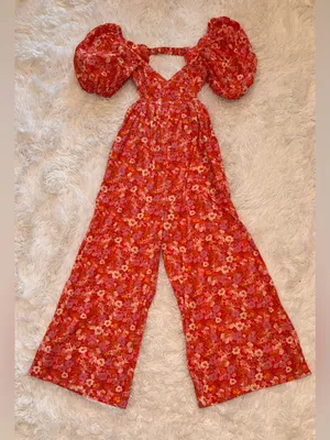 NEW FREE PEOPLE Amy Floral Cotton cutout Orange Jumpsuit sz M thumbnail 5