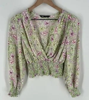 Zara‎ Chiffon Floral Print Surplice Neck V Neck Shirred Waist Peasant Sleeve Top thumbnail 1