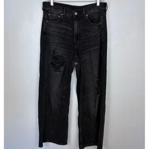 American Eagle Skater Jean Black‎ Distressed Baggy Wide Leg Grunge Size 8 Short thumbnail 2