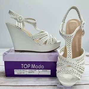Top Moda Strappy Ivory Wedge Heeled Platform Sandals with Cutouts Size 8 thumbnail 1