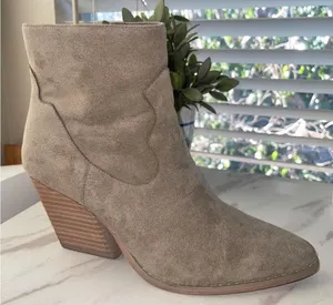 Women's Tan Vegan Suede western cowboy heeled ankle Boots thumbnail 1