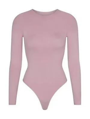 Skims DUSK Long Sleeve Bodysuit XXS/XS w snaps Raw Neck Cut Mock High Neck Pink thumbnail 1