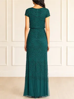 Adrianna Papell Sz 10 Dusty Emerald Green Beaded Blouson Evening Gown Maxi Dress thumbnail 4