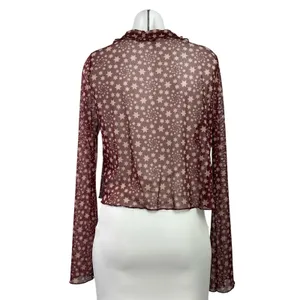 Free People Marne Purple Mesh Sheer Star Ruffles Long Sleeve Crop Cardigan Top M thumbnail 3