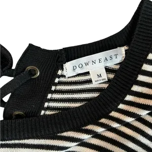 DownEast Women’s Black White Striped Lace Back Elbow Patch Nautical Sweater Med‎ thumbnail 4