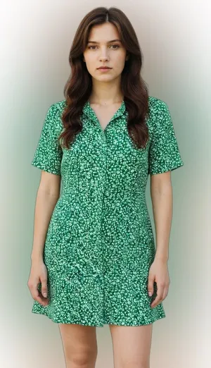 Jacqueline De Yong JDY Lela Green Floral Ditsy Button-Down Mini Shirt Dress XS thumbnail 1
