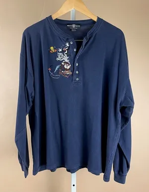 VINTAGE 90's Warner Bros Studio Store XL Looney Tunes Henley Embroidered Shirt thumbnail 1