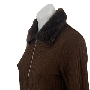H&M Women's Brown Ribbed Knit Faux Fur Full Zip Cardigan Sweater Top Size M thumbnail 2