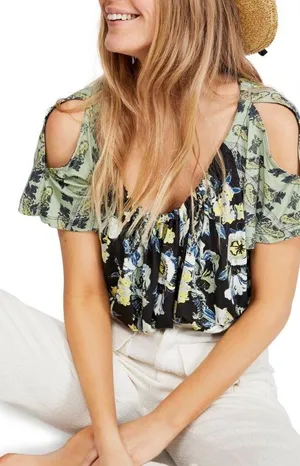 NWT Free People Baja Babe Cold Shoulder Floral Print Top Black Combo Size Medium thumbnail 1