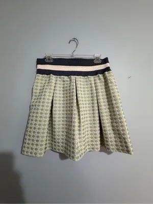 Anthropologie Maeve Light Green Polka Dot Mini Skirt with Navy & Cream Waistband thumbnail 2