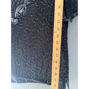 Sweelo Vintage Black Silk Beaded Sequin Floral Evening Top Short‎ Sleeve Medium thumbnail 5