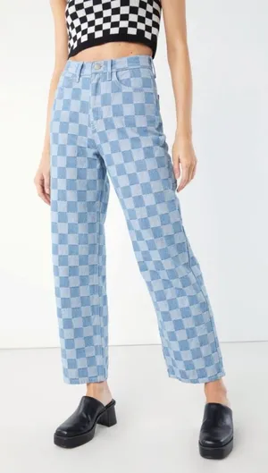 Oak + Fort Checkered Jeans Womens M 24x28 Blue Checkerboard Straight Leg Y2K thumbnail 1