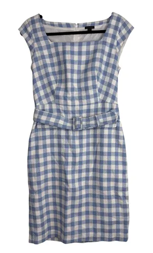 Ann Taylor Blue White‎ Gingham Sheath Dress Belted Square Neck Size 2 thumbnail 1