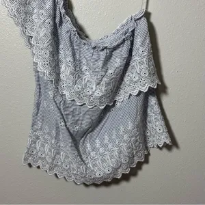 American Eagle Women Blue Embroidered‎ Ruffle One Shoulder Top Blouse XS thumbnail 3