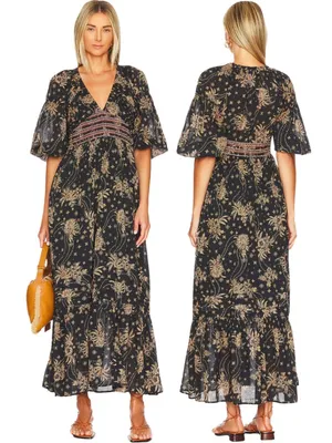 Free People Golden Hour Floral Maxi Dress Women's XS Black Ruffle Smocked Boho thumbnail 2