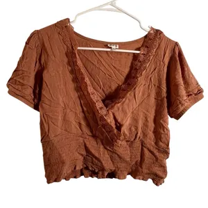 Self Love Women’s Size XL Cropped Faux Wrap Top Rust Brown Orange Lace Smocked thumbnail 1
