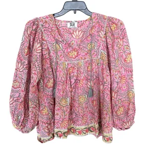 Sur La Vague 100% Cotton Pink Green Floral Blouse Size One Size thumbnail 2