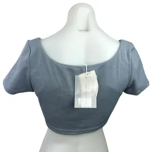 NEW Sabo Skirt Blue Ribbed Square Neck Short Sleeve Stretch Knit Crop Top Size S thumbnail 2