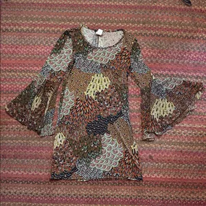 MSK PATCHWORK PEACOCK PIPED FEATHERED BELL SLEEVE DRESS Brown thumbnail 4