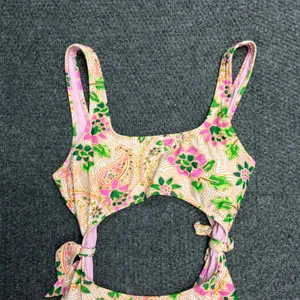 Aerie Real Good One Piece Cheeky Swimsuit Pink Green Floral Paisley Cutout Med thumbnail 2