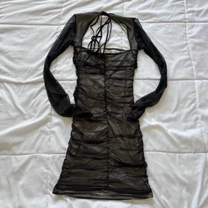 Lucy in the Sky Black Mesh Ruched Long Sleeve Open Back Bodycon Mini Dress Small thumbnail 6