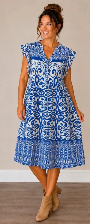Umgee USA Blue‎ White Ikat Damask Ruffle Sleeve Midi Babydoll Dress Large B8620 thumbnail 1