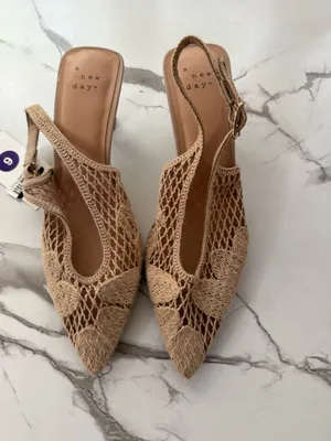 A New Day Women’s Esme Crochet Pointed Toe Slingback Kitten Heels – Tan / Beige Size 9 NWT thumbnail 3
