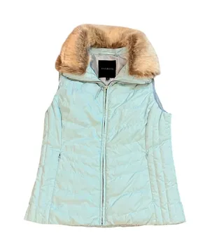 Talbots Womens aqua Down Puffer Vest Faux Fur Collar Chevron Quilted Small thumbnail 1
