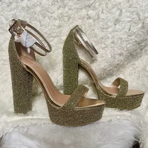 Bamboo Holiday Gold glam metallic glittery felt platform high chunky formal event heels thumbnail 1