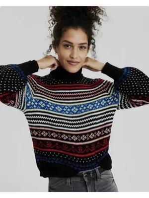 American Eagle Black Fair Isle Mock Neck Sweater Striped Bishop Sleeves Size M thumbnail 1