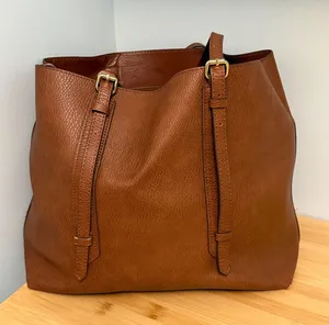 Sondra Roberts Squared Cognac Brown Tote with Gold Buckles Computer Bag or Purse thumbnail 1