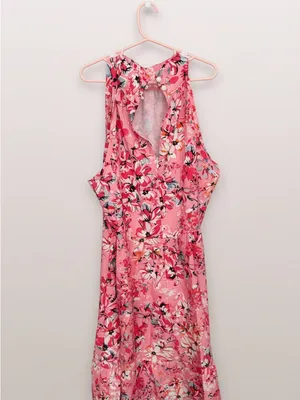 Halter-Neck Pink Floral Tie-Waist Mini Dress thumbnail 4