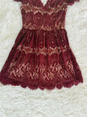 Alya Burgundy Lace Dress XS Womens V Neck Short Sleeve Cocktail Skater Mini thumbnail 6