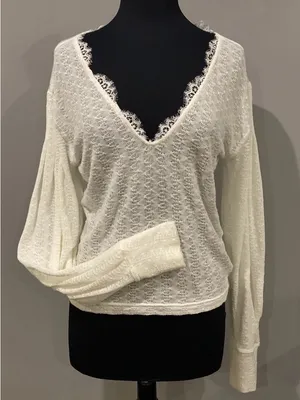Free People Dream Girl pointelle white Large sweater full sleeve lace neck $135 thumbnail 1