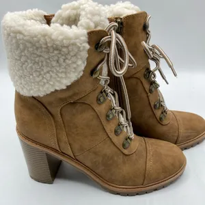 Chunky Heel Lace Up Faux Fur Lined Leather Boots 8.5 Nine West Brown Tan thumbnail 1